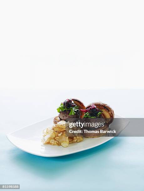 mini duck burgers with house made fingerling potato chips, brioche buns, arugula, onion jam, ketchup and hot mustard. - fingerling potato stock pictures, royalty-free photos & images