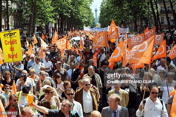 Thousands of people demonstrate as part of a nationwide strike called by the two biggest unions CGT and CFDT on June 17, 2008 in Paris, to show...