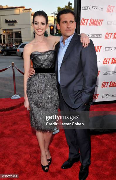 Actress Anne Hathaway and actor Steve Carell arrive at Warner Bros. World premiere of "Get Smart" on June 16, 2008 at the Mann Village Theatre in...