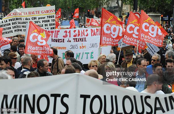 People demonstrate as part of a nationwide strike called by the two biggest unions CGT and CFDT on June 17, 2008 in Toulouse, southwestern France, to...