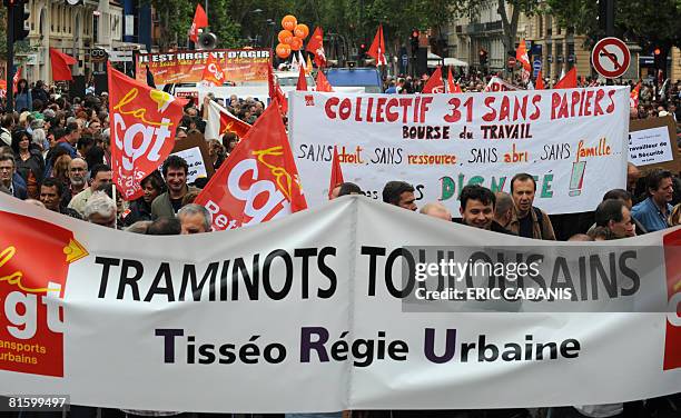 People demonstrate as part of a nationwide strike called by the two biggest unions CGT and CFDT on June 17, 2008 in Toulouse, southwestern France, to...