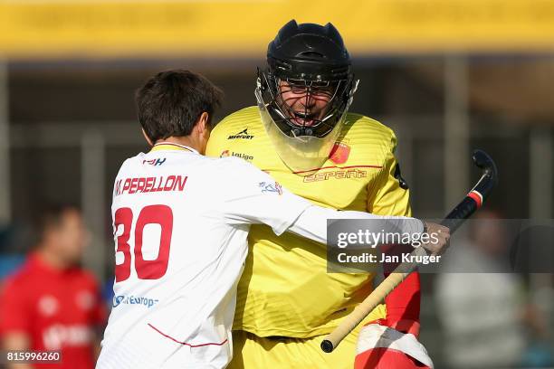 Marc Perrellon of Spain and Quico Cortes of Spain celebrate victory after the Group A match between Spain and New Zealand on day five of the FIH...