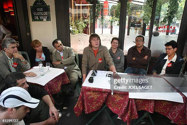 French CGT union leader Bernard Thibault gives a press conference with CGT members on June 17, 2008 in Paris, before the start of a demonstration as...
