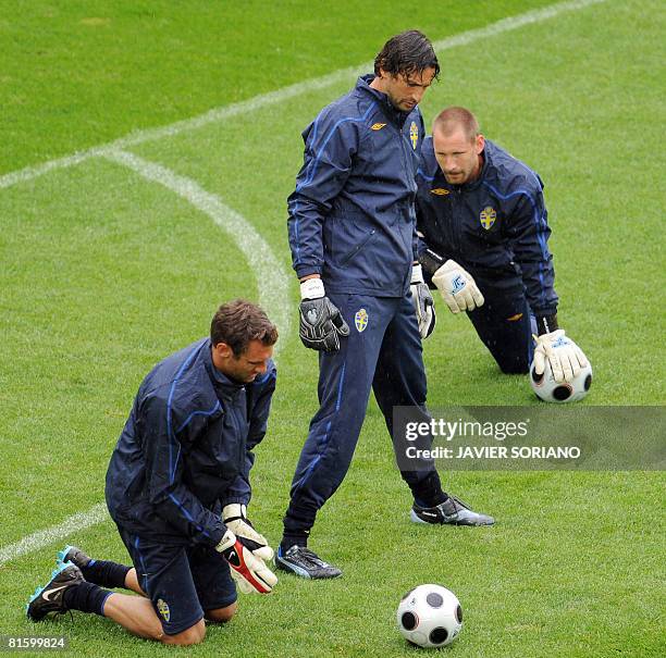 Swedish goalkeeper Andreas Isaksson , Swedish goalkeeper Rami Shaaban and Swedish goalkeeper Johan Wiland practice during a training session on June...