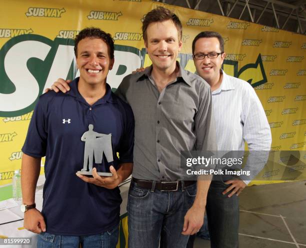 Winner Eddie Mata, Joel McHale and Jared Fogle during Subway's Tour de Pants L.A. Casting Call at Hollywood and Highland in Hollywood, CA on June 16,...