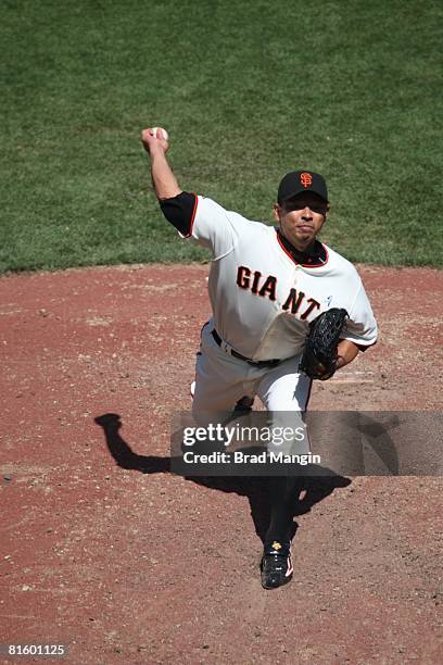 Keiichi Yabu of the San Francisco Giants pitches during the game against the Oakland Athletics at AT&T Park in San Francisco, California on June 15,...