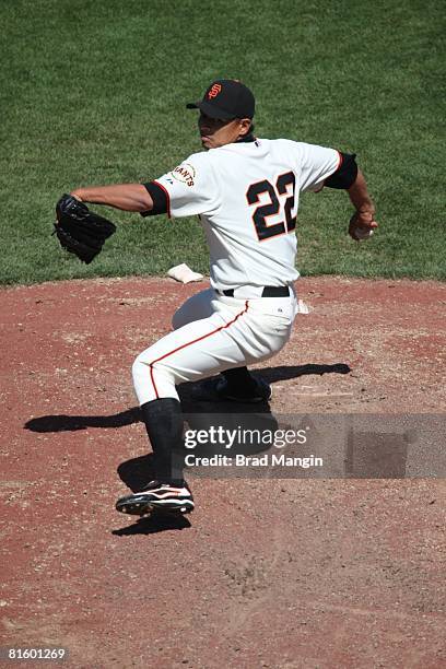 Keiichi Yabu of the San Francisco Giants pitches during the game against the Oakland Athletics at AT&T Park in San Francisco, California on June 15,...