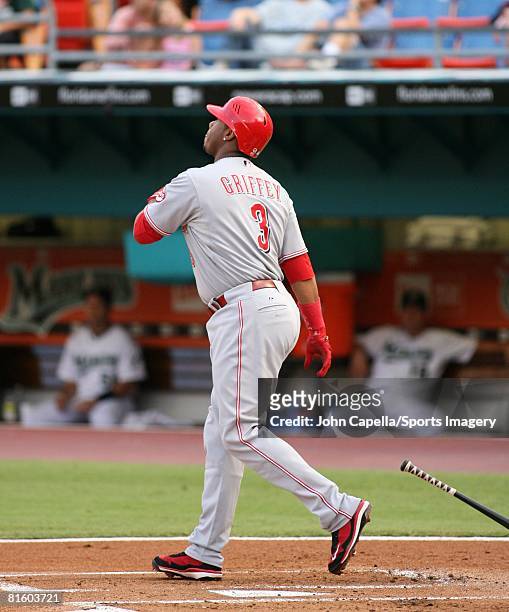 Ken Griffey Jr. #3 of the Cincinnati Reds hits home run during a MLB game against the Florida Marlins on June 9, 2008 in Miami. Florida.