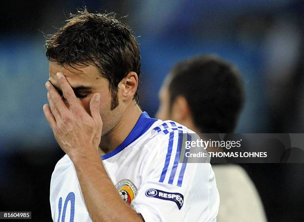 Romanian forward Adrian Mutu reacts at the end of the Euro 2008 Championships Group C football match Netherlands vs. Romania on June 17, 2008 at the...