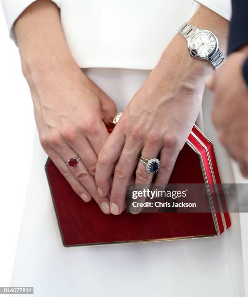 Catherine, Duchess of Cambridge, handbag detail, arrives with Prince William, Duke of Cambridge to meet young entrepreneurs during a reception at the...