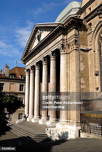 front facade of st. pierre cathedral, old town, geneva, switzerland, europe - st pierre cathedral geneva stock pictures, royalty-free photos & images