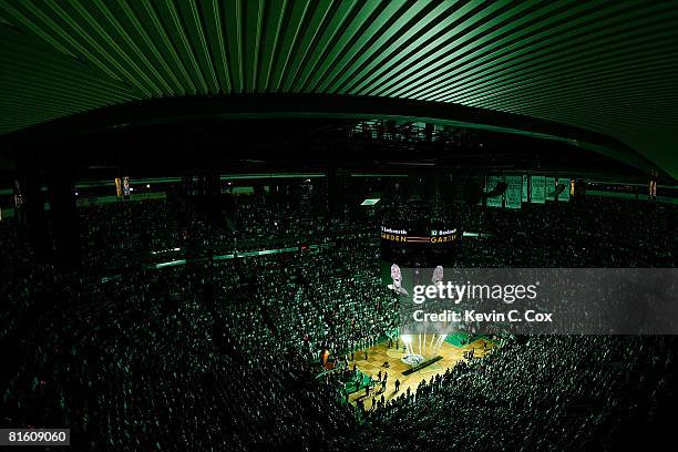 The likeness of Kevin Garnett of the Boston Celtics is seen on the jumbotron during pregame festivities against the Los Angeles Lakers in Game Six of...