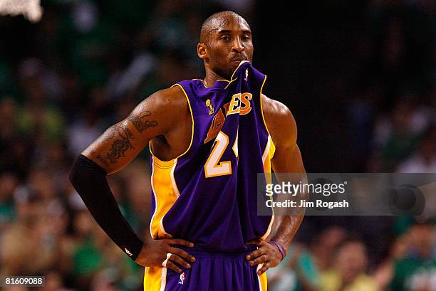 Kobe Bryant of the Los Angeles Lakers chews on his jersey in Game Six of the 2008 NBA Finals against the Boston Celtics on June 17, 2008 at TD...