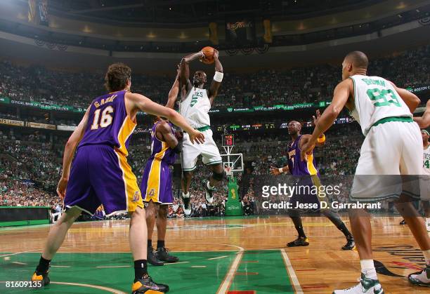 Kevin Garnett of the Boston Celtics attempts a shot against Pau Gasol of the Los Angeles Lakers in Game Six of the 2008 NBA Finals on June 17, 2008...