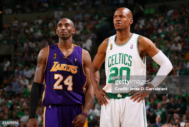 Kobe Bryant of the Los Angeles Lakers stands alongside Ray Allen of the Boston Celtics in Game Six of the 2008 NBA Finals on June 17, 2008 at the TD...