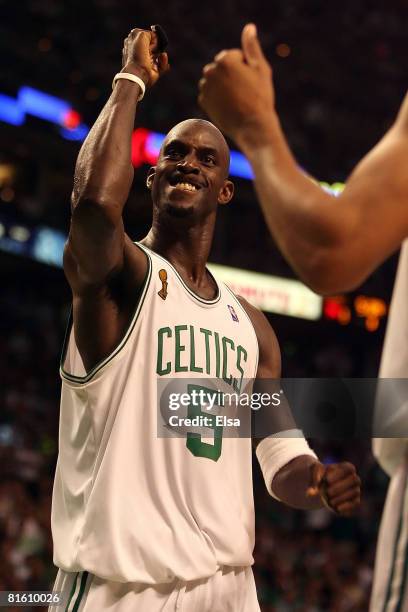 Kevin Garnett of the Boston Celtics reacts in the fourth quarter while taking on the Los Angeles Lakers in Game Six of the 2008 NBA Finals on June...