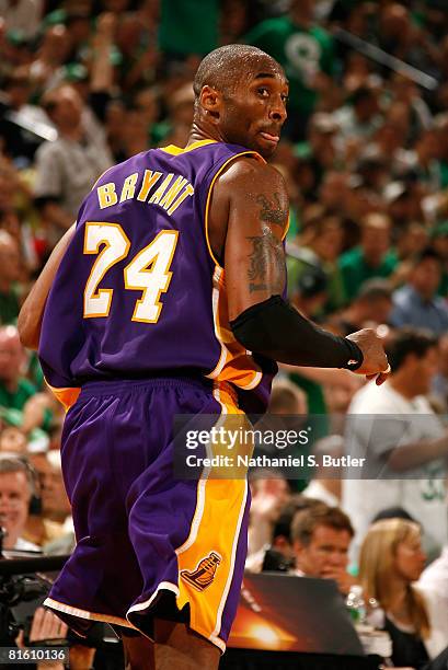 Kobe Bryant of the Los Angeles Lakers looks over his shoulder during Game Six of the 2008 NBA Finals against the Boston Celtics on June 17, 2008 at...