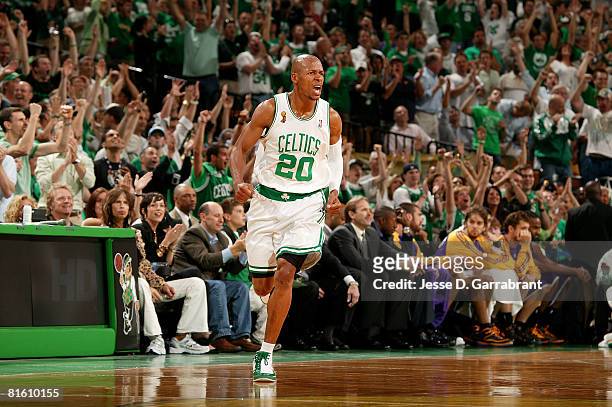 Ray Allen of the Boston Celtics celebrates after he made a 3-point shot in the second half against the Los Angeles Lakers in Game Six of the 2008 NBA...