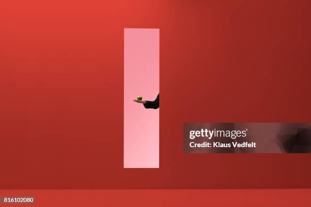 man reaching hand out threw rectangular opening in coloured wall and holding apple - frestelse bildbanksfoton och bilder