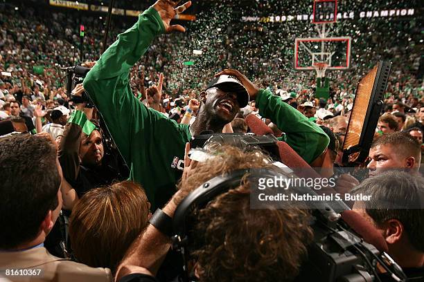 Kevin Garnett of the Boston Celtics celebrates after defeating the Los Angeles Lakers in Game Six of the 2008 NBA Finals on June 17, 2008 at the TD...