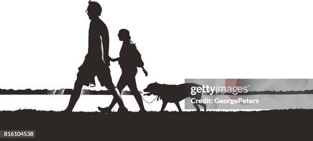 silhouette abbildung paar walking hund - hundespaziergang stock-grafiken, -clipart, -cartoons und -symbole
