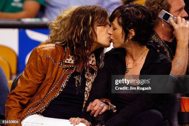 Aerosmith frontman Steven Tyler kisses girlfriend Erin Brady at Game Six of the 2008 NBA Finals between the Los Angeles Lakers and the Boston Celtics...