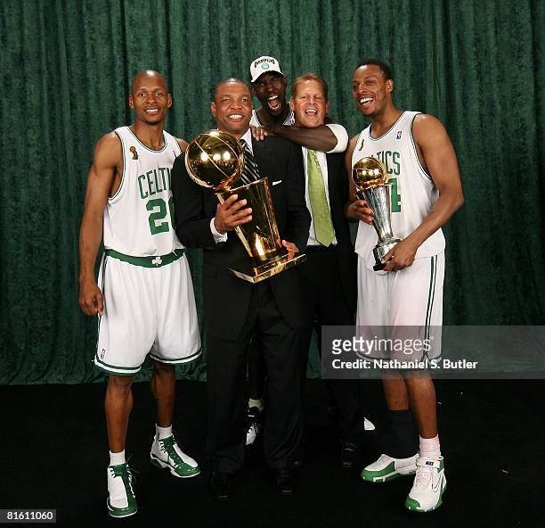 Ray Allen, Head Coach Doc Rivers, Kevin Garnett, General Manager Danny Ainge and Paul Pierce of the Boston Celtics pose for a portrait with the Larry...