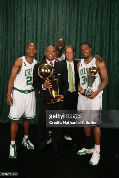 Ray Allen, Head Coach Doc Rivers, Kevin Garnett, General Manager Danny Ainge and Paul Pierce of the Boston Celtics poses for a portrait with the...
