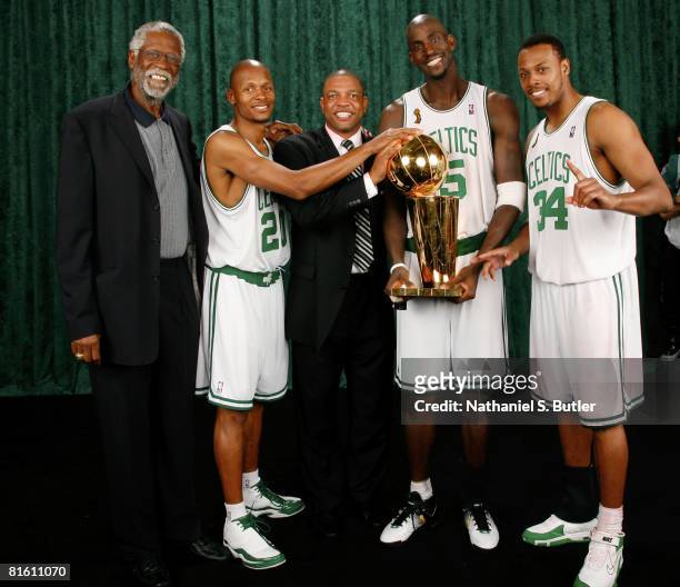 Legend Bill Russell, Ray Allen, Head Coach Doc Rivers, Kevin Garnett, and Paul Pierce of the Boston Celtics pose for a portrait with the Larry...
