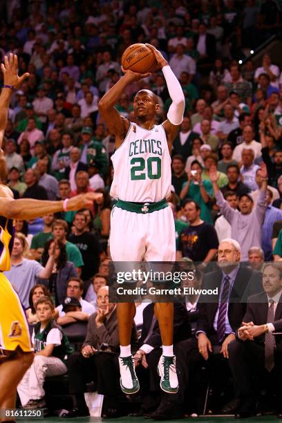 Ray Allen of the Boston Celtics shoots against the Los Angeles Lakers in Game Six of the 2008 NBA Finals on June 17, 2008 at the TD Banknorth Garden...