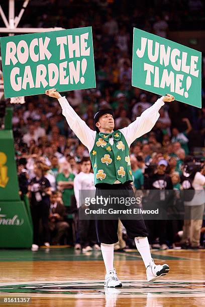 Lucky the mascot of the Boston Celtics performs against the Los Angeles Lakers in Game Six of the 2008 NBA Finals on June 17, 2008 at the TD...