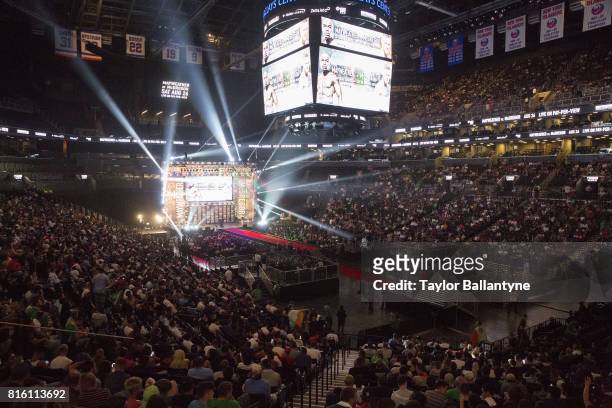 Overall view of fans in arena for Floyd Mayweather Jr. Vs Conor McGregor event promoting their upcoming Super Welterweight fight during New York leg...