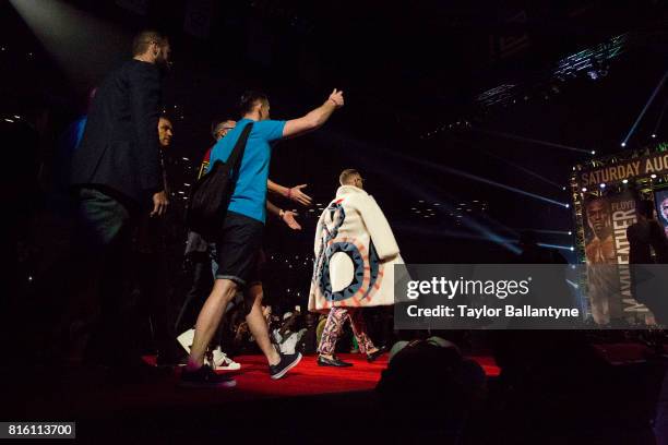 Conor McGregor on stage to promote his upcoming Super Welterweight fight vs Floyd Mayweather Jr. During New York leg of press tour at Barclays...