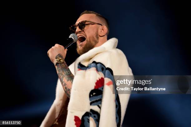 Conor McGregor on stage to promote his upcoming Super Welterweight fight vs Floyd Mayweather Jr. During New York leg of press tour at Barclays...