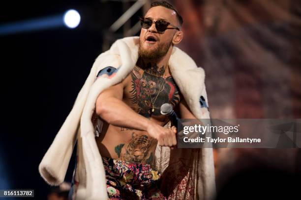Conor McGregor on stage to promote his upcoming Super Welterweight fight vs Floyd Mayweather Jr. During New York leg of press tour at Barclays...