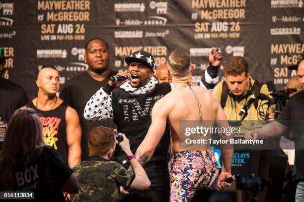 Floyd Mayweather Jr. On stage to promote his upcoming Super Welterweight fight vs Conor McGregor during New York leg of press tour at Barclays...