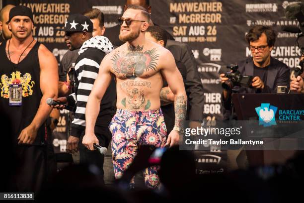 Conor McGregor on stage to promote his upcoming Super Welterweight fight vs Floyd Mayweather Jr. During New York leg of press tour at Barclays...