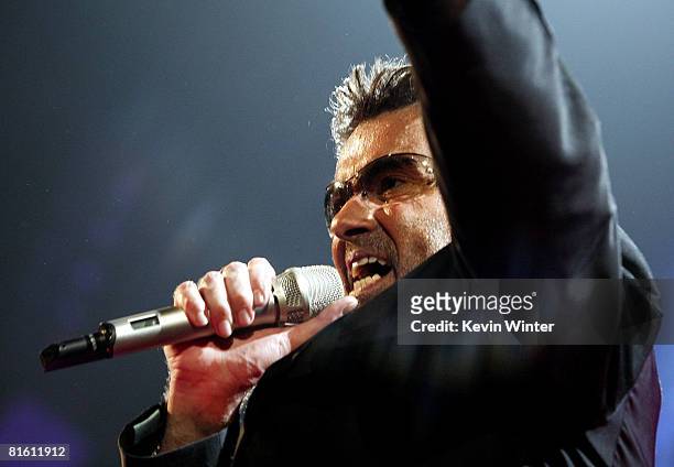 Singer George Michael performs at the Sports Arena on June 17, 2008 in San Diego, California.