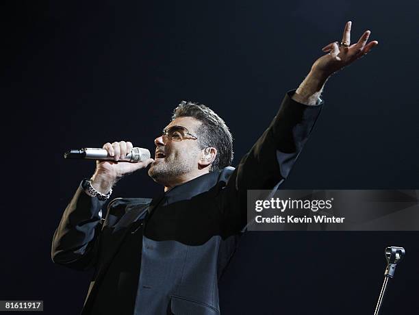 Singer George Michael performs at the Sports Arena on June 17, 2008 in San Diego, California.