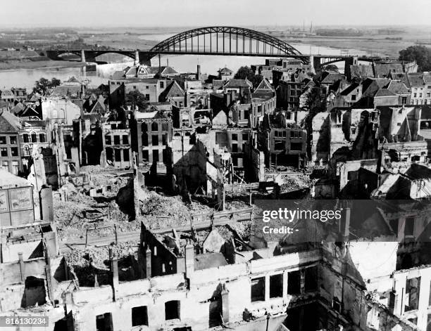 Picture released on October 2, 1944 of a general view of ruined Nijmegen city after shellings over the Waal River, in Netherlands during the Second...