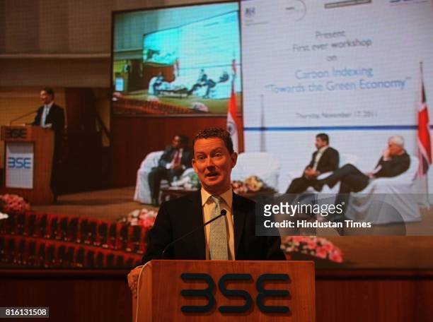 Gregory Barker gives a speech during first ever workshop on Carbon Indexing Towards the Green Economy at BSE on Thursday.