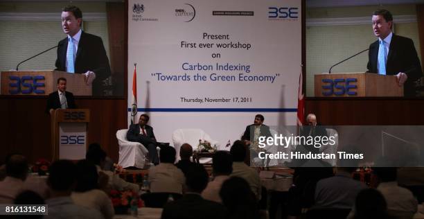 Gregory Barker gives a speech during first ever workshop on Carbon Indexing Towards the Green Economy at BSE on Thursday.