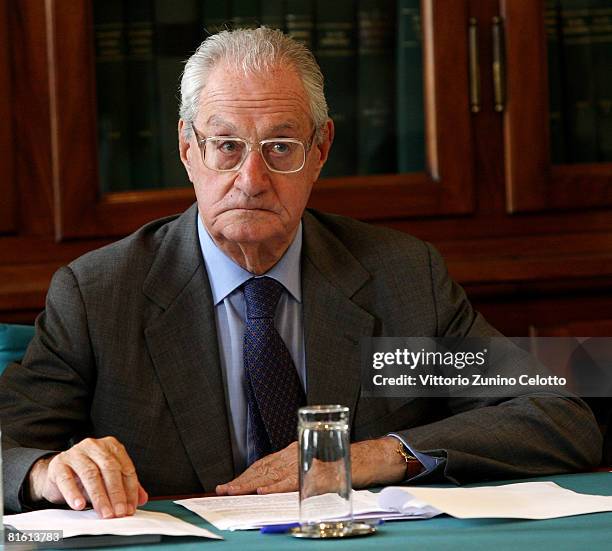 President of Italia China Foundation Cesare Romiti attends a press conference to present new magazine "Linea Italia" at Palazzo Clerici on June 18,...