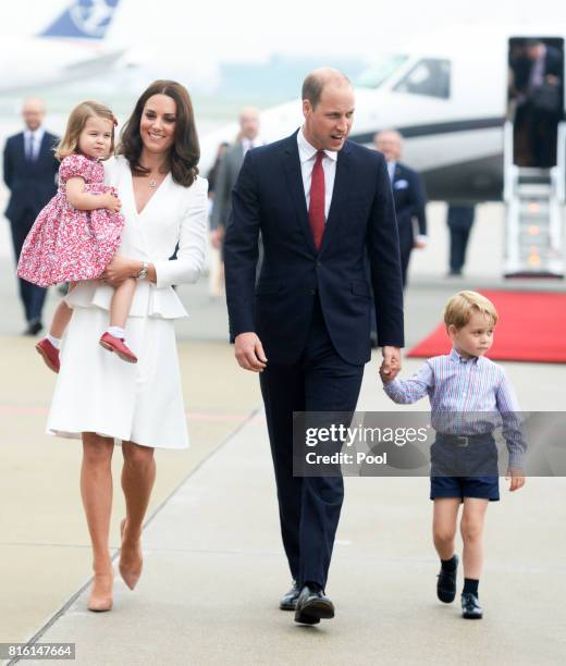 Catherine, Duchess of Cambridge, Princess Charlotte of Cambridge, Prince William, Duke of Cambridge and Prince George of Cambridge arrive at Warsaw...