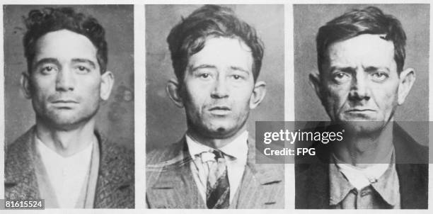 Three of the thirteen bank robbers arrested in Marseilles and charged with the murder of bank teller Lourdier, circa 1930. From left to right, they...