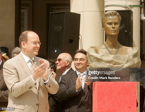 Prince Albert of Monaco attends the inauguration of a statue of Princess Grace Kelly, the mother of Prince Albert of Monaco during Pince Albert's...