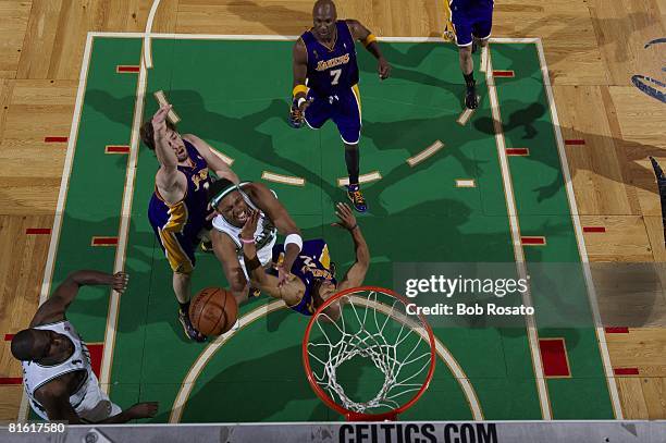 Basketball: NBA Finals: Aerial view of Boston Celtics Paul Pierce in action vs Los Angeles Lakers Derek Fisher and Pau Gasol . Game 1. Boston, MA...