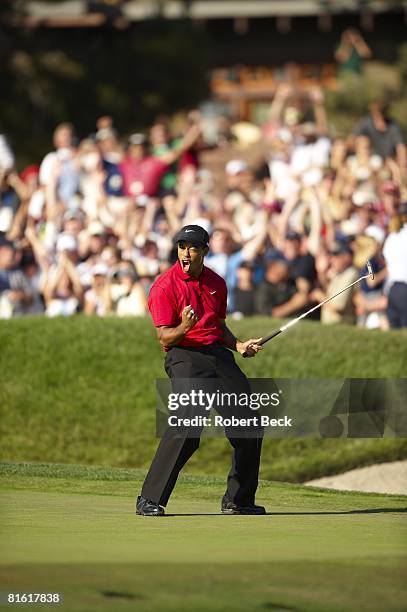Golf: US Open: Tiger Woods victorious after making birdie putt on No. 18 during Sunday play at Torrey Pines GC. Putt forced Monday playoff. La Jolla,...