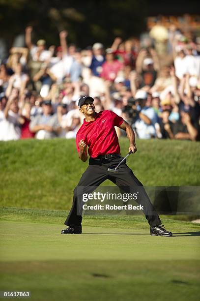 Golf: US Open: Tiger Woods victorious after making birdie putt on No. 18 during Sunday play at Torrey Pines GC. Putt forced Monday playoff. La Jolla,...