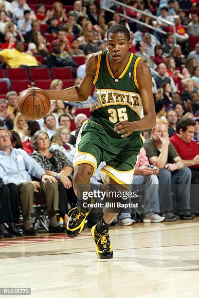 Kevin Durant of the Seattle SuperSonics moves the ball upcourt during the game against the Houston Rockets at the Toyota Center on April 9, 2008 in...